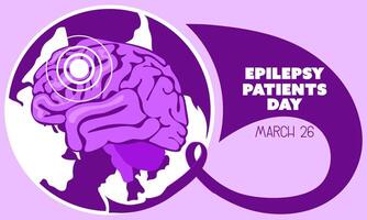 International Epilepsy Day banner for March 26. The brain is naturally flat in purple colors against the background of the earth with a ribbon on shades of purple. Brain problems, illness. Horizontal vector