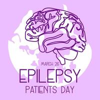 International Epilepsy Day banner for March 26. The brain is a contoured silhouette in purple colors on a ground background with a ribbon on white and shades of purple. Brain problems, illness. Square vector