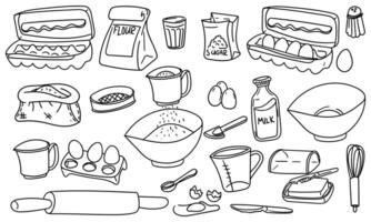 Set of ingredients and baking tools in a contour. Paper bag with flour, sugar, piece of butter, measuring cup, chicken eggs, salt shaker, whisk, milk, wooden rolling pin and many others in different vector