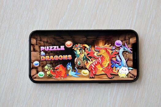 Puzzle and dragons mobile iOS game on iPhone 15 smartphone screen on wooden table during mobile gameplay photo