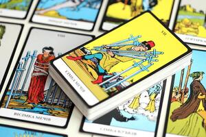 KYIV, UKRAINE - JULY 10, 2024 Tarot minor and major arcana cards of Rider Waite esoteric deck. Many tarot cards for fortune telling and esoteric actions photo
