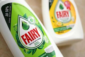 KYIV, UKRAINE - OCTOBER 31, 2023 Bottle of Fairy washing up Liquid produced by Procter and Gamble and sold in most parts of Europe photo