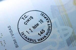 KYIV, UKRAINE - APRIL 20, 2024 Page of foreign passport with visas, Turkiye border stamps, permits to enter countries, concept of traveling around the world, travelers document photo