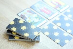 KYIV, UKRAINE - JULY 10, 2024 Tarot minor and major arcana cards of Rider Waite esoteric deck. Many tarot cards for fortune telling and esoteric actions photo