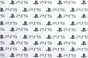 KYIV, UKRAINE - JUNE 26, 2024 Sony Playstation 5 console logo repeating many times on white paper background banner photo