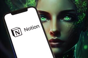 KYIV, UKRAINE - MARCH 17, 2024 Notion logo on iPhone display screen with background of artificial intelligence futuristic image photo