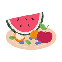 Plate with berries and fruits. Flat illustration isolated on white background. vector
