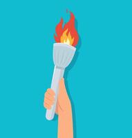 hand holding torch with burning flame vector