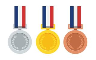Three medal with gold madel and silver, bronze madel and red ribbon vector