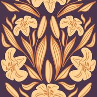 Lilies. Modern flowers, decorative seamless pattern of pastel colors in geometric shapes. Abstract groovy botanical vintage illustration. For wallpaper, fabric, wrapping, background. Aesthetic vector