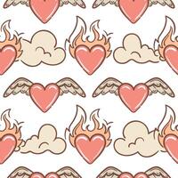 Seamless pattern heart on fire, with angel wings. illustration in 2000s style. Flame. Aesthetics of the 90s, 00s. Trendy color Peach Fuzz. For wallpaper, fabric, wrapping, background. vector