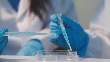 Close-up of a scientist's hands holding a flask with pink liquid in a lab. video