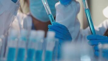 Close-up of a scientist's hands holding a flask with pink liquid in a lab. video