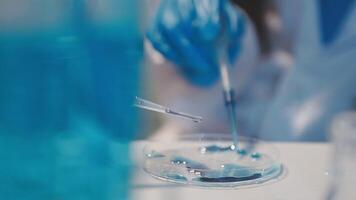 Close-up of a scientist's hands holding a flask with pink liquid in a lab. video
