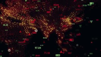 Changing stock market data against the backdrop of a digital map of the Earth. Movements in the financial market. Virtual display of quotes. Looped video