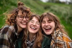 Close-Up Portrait of Three Happy Friends Laughing and Having Fun Outdoors on a Sunny Day, Captured with a Wide-Angle Lens and Bokeh Effect, Ideal for Commercial Use in Outdoor Lifestyle Campaigns photo