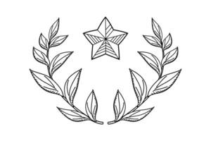 Winner laurel wreath in linear style. Branches with leaves in the shape of a semicircle with a star. hand drawn illustration of victory attribute vector