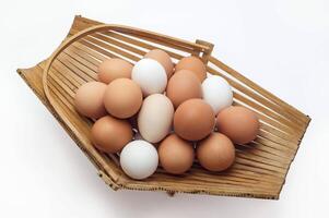 Chicken eggs in a basket of different colors shades as background photo