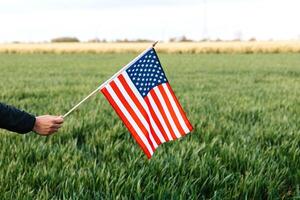 An american flag on a staff, waving in the wind with a clear blue sky and distant mountains as its backdrop, symbolizing usa independence day photo