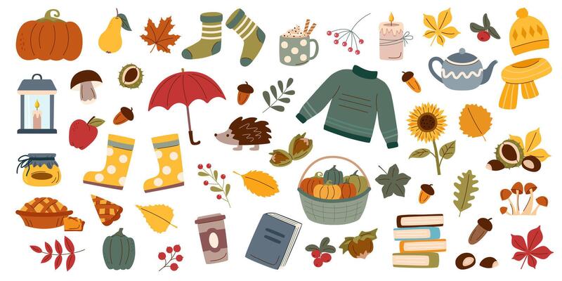 Autumn collection flat. Set of autumn elements. Autumn concept. Autumn clipart. Autumn objects set.