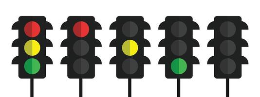 Traffic control light signal sign set collection with red, yellow and green color flat illustration vector
