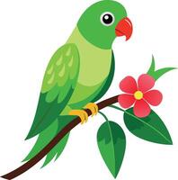 A Green Parrot Sitting On Branch With Flower Clean white background vector