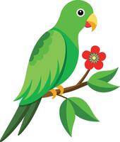 A Green Parrot Sitting On Branch With Flower Clean white background vector