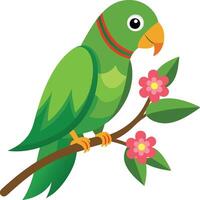 A Green Parrot Sitting On Branch With Flower Clean white background vector
