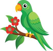 A Green Parrot Sitting On Branch With Flower Clean white background vector