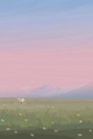 Minimalist sunset landscape grass hill with one sheep have mountain ranges behind graphic illustrated have vertical blank space. vector