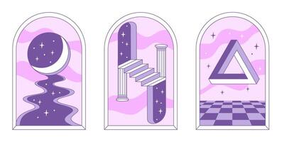 Surrealism poster set. Abstract shapes, moon light, stairs and geometric elements. illustration in minimal style vector