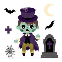A zombie character with various decorative elements. Boy gentleman with. Little dead boy. Halloween decor for cards, poster, invitation. Illustration in flat style. vector
