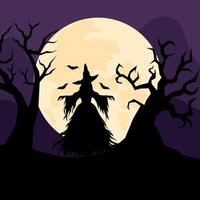 Midnight Halloween background with witch and bats. Silhouettes of old scary trees. Festive background with witch silhouette in flat style. vector