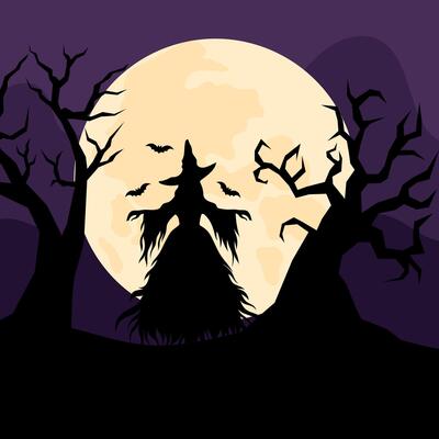 Midnight Halloween background with witch and bats. Silhouettes of old scary trees. Festive background with witch silhouette in flat style.