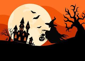 Midnight Halloween background with old witch and pumpkins. Silhouettes of old scary trees. Festive background with silhouette of witch and house in flat style. vector