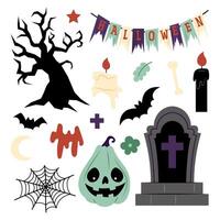 Halloween. Set of decorative festive elements in a flat style. Illustration of a pumpkin, tree, garland and gravestone. vector
