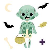 A little zombie boy with a candy basket. Trick or treat. Halloween. Set decorative elements of flat style on white background. vector