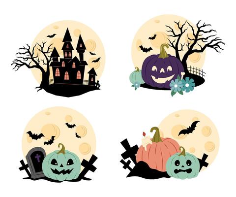 Halloween. Set of moon illustrations with pumpkins, graves and a silhouette of a scary house and tree. Halloween background, sticker, poster, flat style postcard.