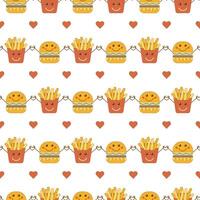 Seamless pattern of fast food elements in cartoon style. Burger and fries are holding hands. vector