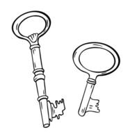 Rusty old keys black and white illustration isolated. Lock key silhouette drawn by ink . Adventure line art with vintage keys. Elements in contour for maritime design vector