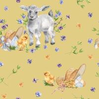 Watercolor floral seamless pattern with Easter lamb and eggs isolated on beige. Spring blue, yellow flowers with baby animals hand drawn for Easter print in neutral color. For design textile, package. vector