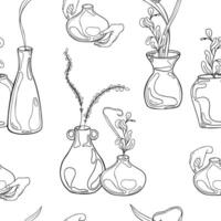 Clay vases with plant branches black white seamless pattern isolated. Ink silhouette pot and floral elements in line art endless background. Pattern with pottery and floral elements for textile vector
