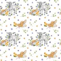 Watercolor floral seamless pattern with Easter lamb and eggs isolated on white. Spring blue, yellow flowers with baby animals hand drawn for Easter print in neutral color. For design textile, package. vector