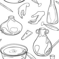 Women hands and pottery items black white hand drawn seamless pattern isolated. Two hands, jug and clay dishes in contour on endless background. Design pattern with making ceramic pot vector