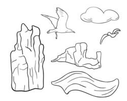 Marine set with seascape elements black and white illustration isolated. Rocks, wave and cloud with birds hand drawn ink. Contour objects of coastline. Simple outline marine drawing. vector