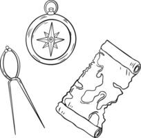 Ancient map in roll black and white illustration isolated. Navigation retro items silhouette drawn by ink . Nautical line art with compass, map and divider in contour vector