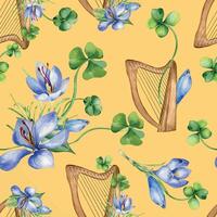 Harp and spring flowers watercolor seamless pattern isolated on orange. Painted green clover with crocus and string musical instrument. Irish symbol hand drawn. Design for St. Patricks day, paper. vector