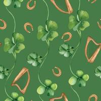 Shamrock and horseshoes watercolor seamless pattern isolated on green background. Painted clover and harp. Hand drawn Celtic symbol. Design for St. Patrick day decoration, textile, wrapping, paper. vector