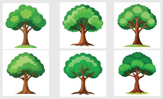Set of green trees on white background. Isolated collection of green leafy trees, vector