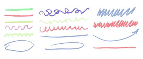 A series of colorful lines and squiggles are shown, with one of them being a green arrow pointing to the right. Concept of creativity and playfulness, as the lines vector